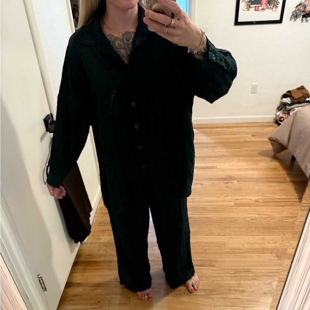 Dark Green Button-Up two piece Set